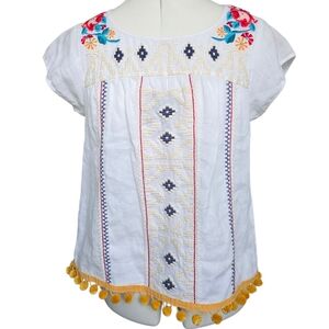 JW Los Angeles Floral Embroidered Peasant Tunic Blouse Size Small Pom Poms Boho
